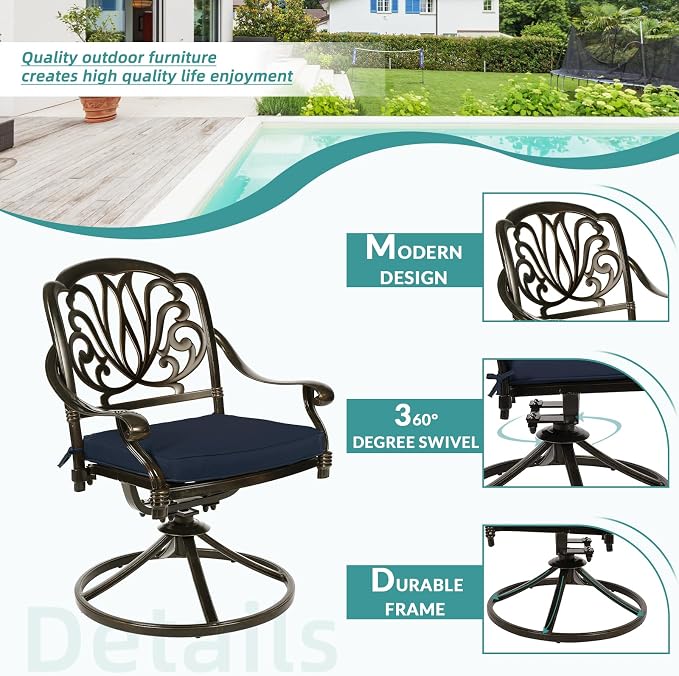 MEETWARM 9-Piece Outdoor Patio Dining Set, All-Weather Cast Aluminum Patio Conversation Set- 8 Cushioned Swivel Rocker, 61" Round Patio Dining Table w/Detachable Lazy Susan/Umbrella Hole, Navy Blue