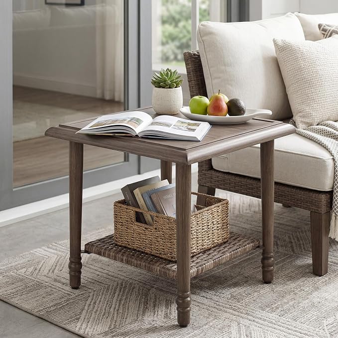 Wicker Outdoor Side Table, All Weather Rattan End Table | 20" Square Patio coffee Table, 2-Tier Storage Side Table for Porch, Balcony, Garden, Living Room