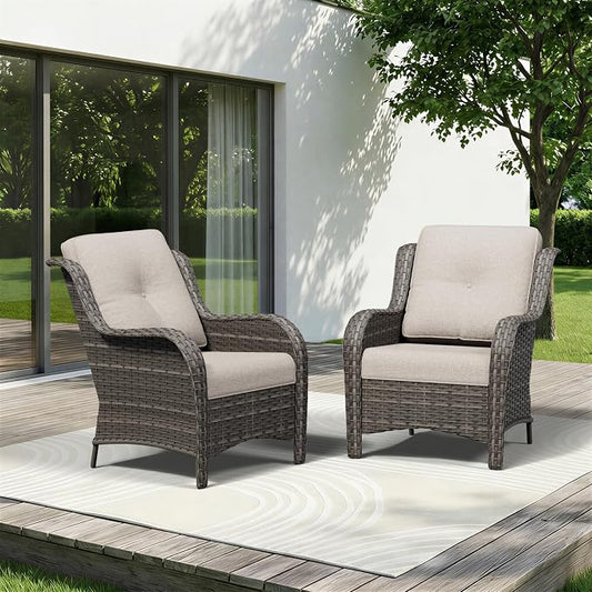 Patio Chairs Set of 2, Outdoor Wicker Patio Furniture Set with Thickened Olefin Cushions, High Back and Deep Seating, Wide Curved Armrest Hand-Woven PE Rattan for Porch, Deck, Beige