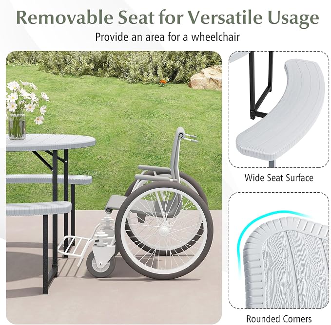 Byroce 6-8 Person Picnic Table for Outdoors, HDPE Picnic Table Set with 4 Benches, Umbrella Hole & Metal Frame, Heavy Duty Round Dining Table Chairs for BBQ Party in Patio, Yard & Poolside (White)
