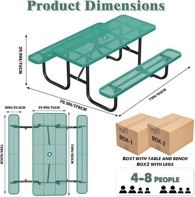 6FT Rectangular Outdoor Picnic Table with Attached Benches, Heavy-Duty Expanded Metal Mesh Patio Table, Commercial-Grade Outdoor Seating for Park, Backyard, Deck, Lawn, Green