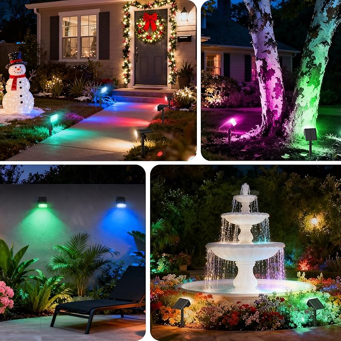 Solar Color Changing Spot Lights Outdoor, 12 Pack Solar Landscape Lights with 32 LEDs Each, 7 Lighting Modes, IP65 Waterproof, 2-in-1 Adjustable Solar Spotlights for Yard Garden Pathway Driveway