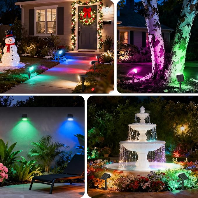 Solar Color Changing Spot Lights Outdoor, 8 Pack Solar Landscape Lights with 32 LEDs Each, 7 Lighting Modes, IP65 Waterproof, 2-in-1 Adjustable Solar Spotlights for Yard Garden Pathway Driveway