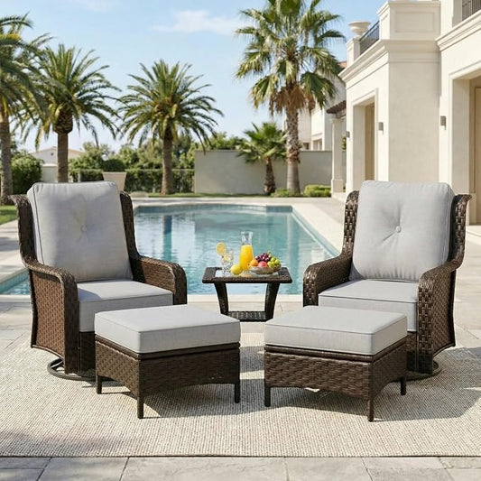 Sundale Outdoor 5 Piece Patio Furniture Set with Ottoman, Wicker Outdoor Swivel Chairs with 6" Cushions, High Back Rattan Patio Conversation Sets with Deep Seating for Porch, Yard (Grey)