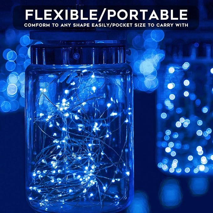 2 Pack 33ft Solar Fairy String Lights Small, 100 Led Blue Solar Fairy Lights Outdoor, 8 Modes Solar Christmas Lights Copper Wire for Trees Garden Patio Yard Deck Fence Party Decorations