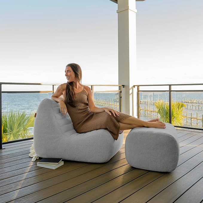 Big Joe Solvana Outdoor Lounge Chair and Ottoman, 2 Piece Patio Furniture Set, Performance Linen Weather-Resistant Fabric, Port Gray