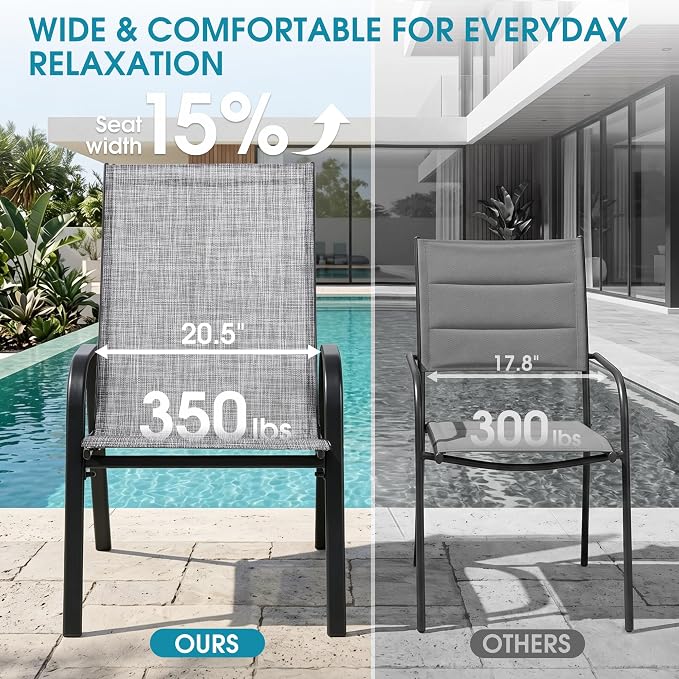 24.4" Wide Outdoor Stackable Chairs Set of 6, Stacking Patio Chairs with Textilene Fabric, Outside Furniture for Garden Backyard Balconie Poolside Deck, Grey
