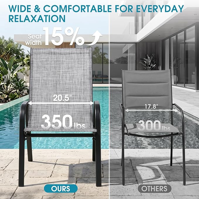 24.4" Wide Outdoor Stackable Chairs Set of 8, Stacking Patio Chairs with Textilene Fabric, Outside Furniture for Garden Backyard Balconie Poolside Deck, Grey