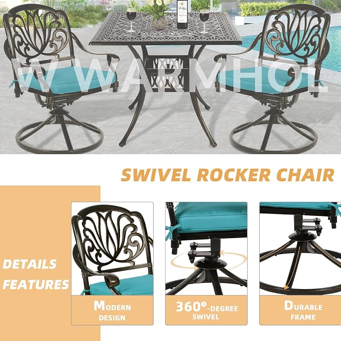 5 Piece Patio Dining Set, Outdoor Table and Chairs Set for 4 Cushioned Swivel Rocking Chairs and 35.4'' Round Table, All-Weather Cast Aluminum Patio Funiture Set, 2'' Umbrella Hole, Blue