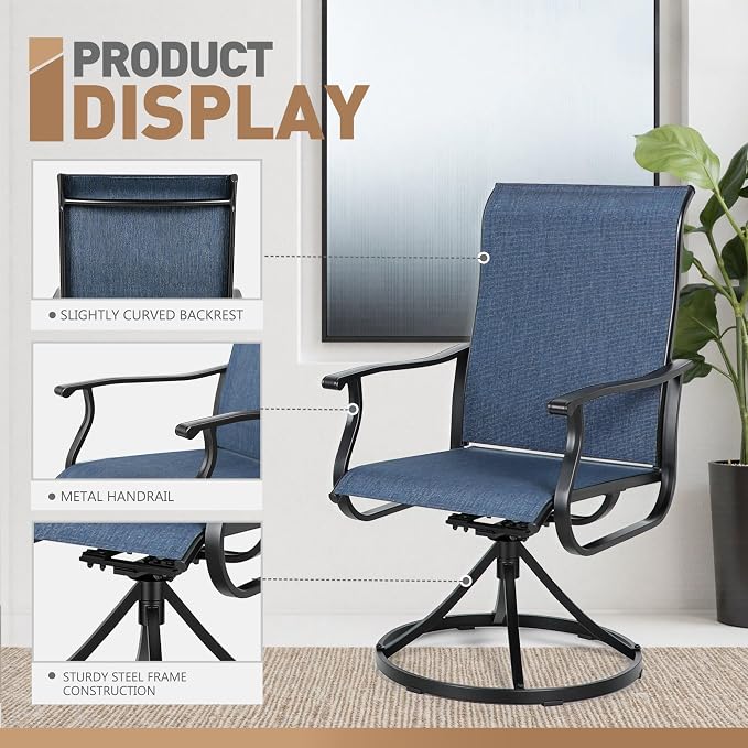 SUNCROWN Patio Swivel Rocker Dining Chairs Set of 2, All Weather High Back Textilene Outdoor Chairs with Sturdy Metal Frame, Swivel Rocking Patio Chairs for Backyard Lawn Garden Porch Deck, Blue