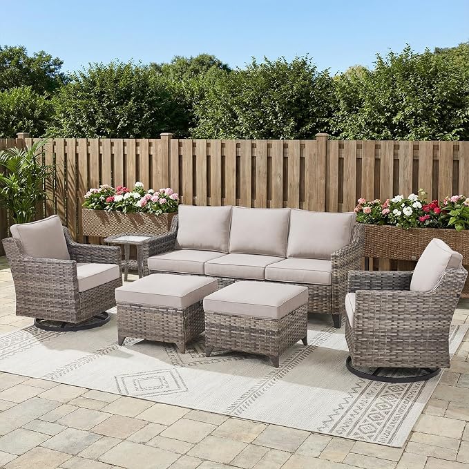 Belord Patio Wicker Swivel Rocker Patio Chairs with Side Table and 3-Seater Sofa, Outdoor Rattan Chairs for Deck Porch Garden, 6 Piece Luxury Patio Furniture Set, Beige