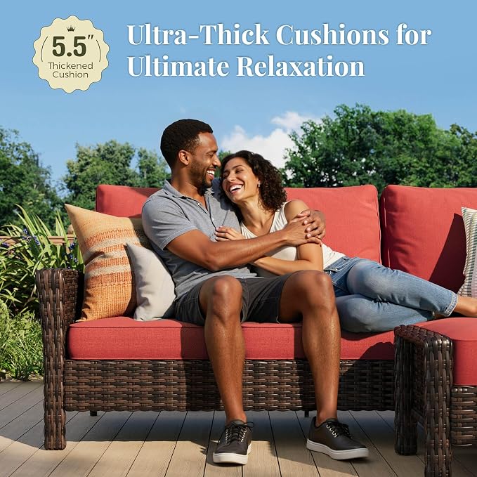 MIXPATIO 6-Piece Wicker Patio Furniture Set with Swivel Chairs, High Back Outdoor Furniture with Fire Pit Table and Ottoman, All-Weather Wicker Patio Conversation Set for Deck Yard Pool,Red