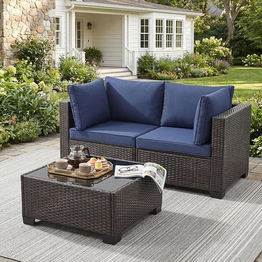 ANJ 3 Piece Outdoor Wicker Patio Furniture Set, Modular Loveseat Sofa with with Glass Top Coffee Table, All-Weather Rattan Conversation Couch Set for Balcony, Backyard, Dark Brown Wicker-Blue