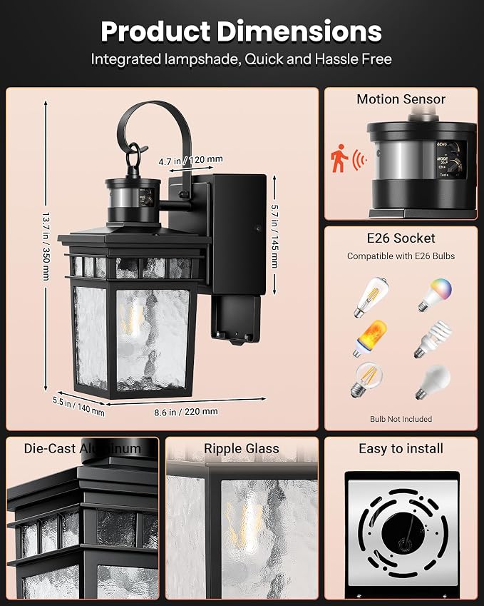 Gleamz Adjustable Time & Distance Motion Sensor Porch Light with GFCI Outlet, Modern Exterior Lighting Fixtures, Black Outdoor Lanterns for Porch, House, Patio, Garage, Waterproof, Aluminum, 1 Pack