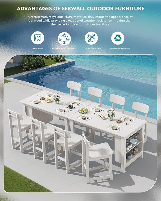 SERWALL Outdoor Bar Table, All Weather HDPE 36" Counter Height Dining Table with Storage and Wine Rack for Patio, Garden, Backyard, Balcony, Poolside, White