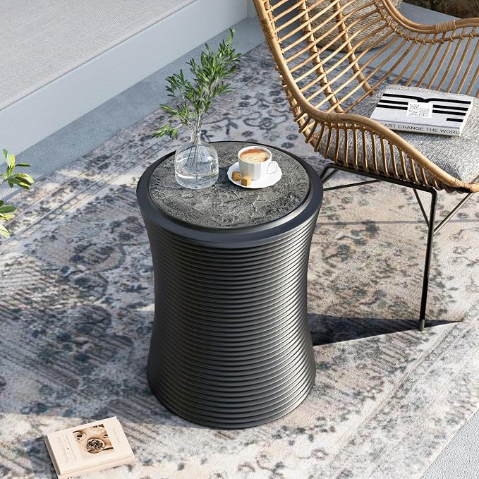 SUNBURY Outdoor Concrete Side Table w Graffiti, Black Outdoor Side Table for Patio, 14" W Outdoor Accent Table, Round Outside Table End Table, Ceramic Garden Stool for Lawn, Backyard, Pool