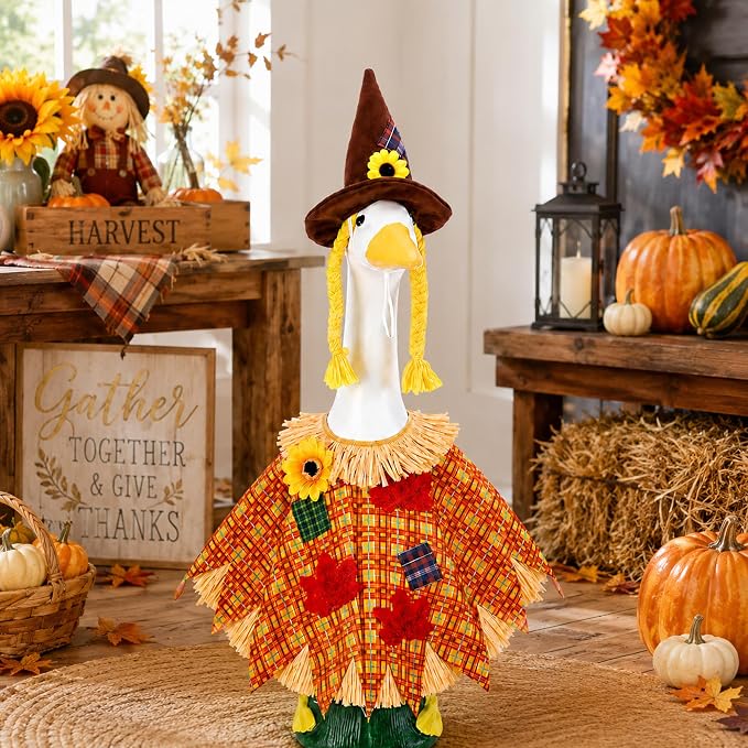 DECOHS 2 Pcs/Set Scarecrow Porch Goose Outfits, Fall Thanksgiving Lawn Goose Statue Scarecrow Costume, Garden Goose Scarecrows Clothes Hat for 23" Statue Autumn Halloween Outdoor Patio Yard Decoration
