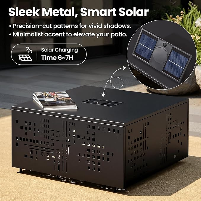 ovios 27" Outdoor Coffee Table with Solar Light, Patio Metal Table with Umbrella Hole and Cut-Out Design, Weatherproof Square Side Tables for Deck Porch Balcony Garden Backyard, Black