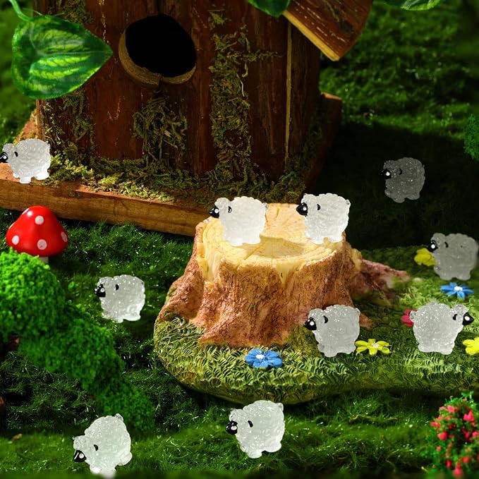 Suzile 50 Pcs Mini Sheep Figurine Miniature Resin Sheep Figurine White Lamb Figure Cute Animal Statue Landscape Little Decor for Spring Summer Outdoor Garden DIY Ornament Cake Topper(Luminous Style)