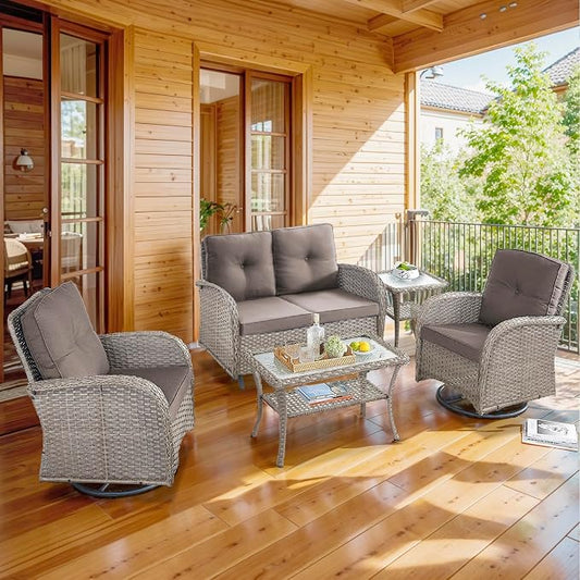 5 Piece Patio Furniture Set - Wicker Patio Conversation Set with Swivel Glider, Glider Loveseat, Tempered Glass Side Table and Coffee Table for Deck Backyard - Grey Wicker Grey Cushion