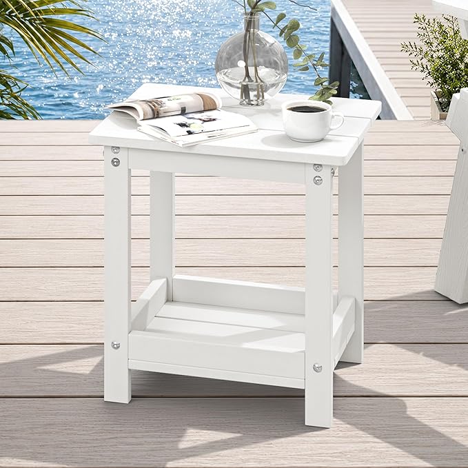 LUE BONA Outdoor Side Table, 2-Tier HDPE Small Outdoor End Table with Rail for Patio, Deck, Poolside, Low Maintenance & Weather Resistant, White