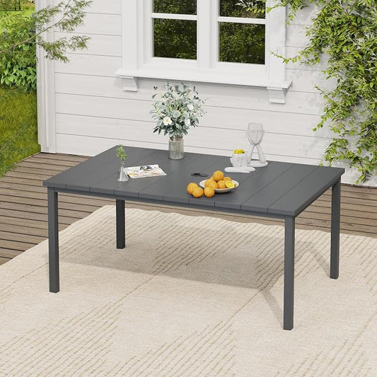 VICLLAX Outdoor Table for 6, Metal Patio Dining Table with Umbrella Hole for Garden Lawn Deck Backyard, Dark Grey Tabletop