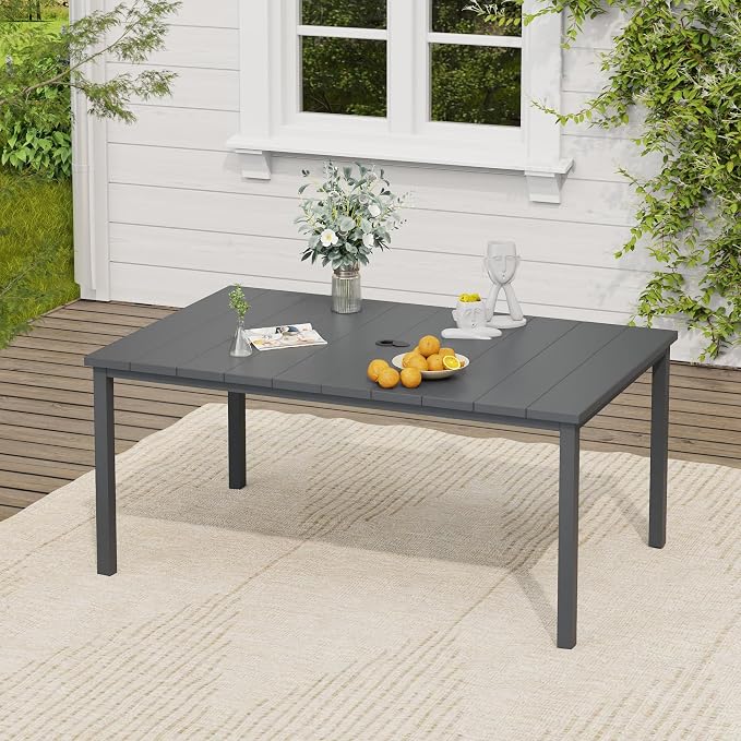 VICLLAX Patio Dining Set, 63" Dark Grey Table & 6 Chairs with Grey Cushion | Outdoor Table and Chairs Set of Rectangular Metal Patio Table, Outdoor Dining Chairs with Metal Frame, Garden Deck Porch