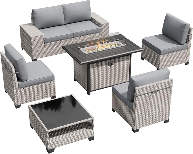 7-Piece Outdoor Patio Furniture Set with Fire Pit, Modular Sectional Sofa Set with Glass Coffee Table and Cushions, Wicker Outdoor Couch Conversation Sets, Gray