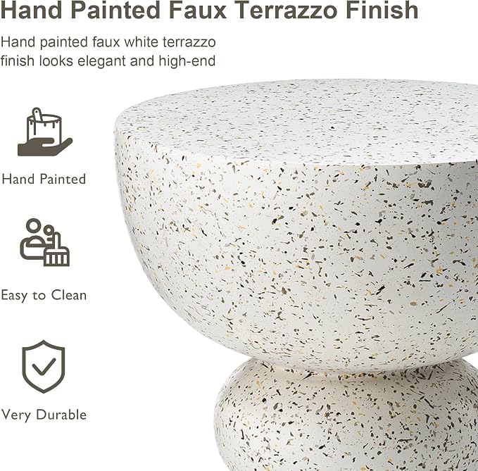 Glitzhome Outdoor Side Table, Round Small End Table with White Terrazzo Finish MGO Garden Stool, Set of 2 Lightweight Decorative Accent Table for Living Room Planter Stand Patio Backyard Pool Porch