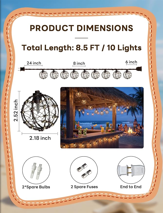 LED Outdoor Patio Lights, Beaded Copper Wire Ball Style Lantern Lights | 10 LED Wire Ball Light, 8.5FT Connectable Boho Lantern String Lights for Yard Garden Bistro Campings Porch Party Backyard