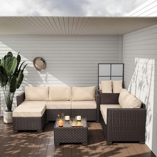 Valita 5 Pieces Brown Wicker Patio Furniture Set Outdoor Sectional Conversation Sofa Set with Storage Bin and Glass Table with Non-Slip Cushions Furniture Covers, Beige