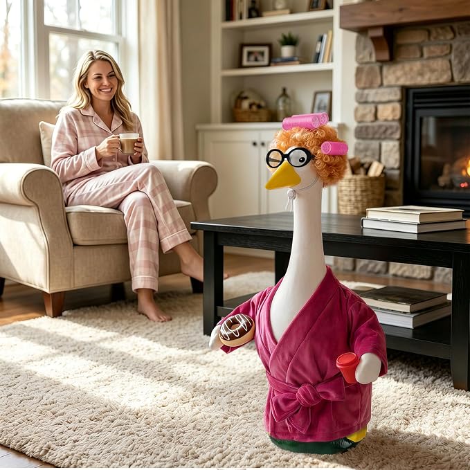 Porch Goose Robe Outfit Set for 23 Inch Goose Statue, Pink Flannel Bathrobe with Wig Curlers Coffee Cup Donut Glasses, Funny Home Relaxing Goose Clothes Decor (Pink)