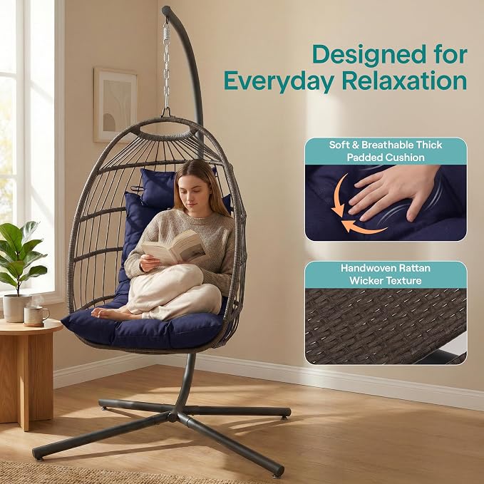 SereneLife Hanging Egg Chair with Stand | Foldable Rattan Wicker Hammock Chair for Patio, Balcony, and Bedroom Use with UV & Weather Resistant Cushion | 350 lb Capacity | 3" Padded Headrest Included