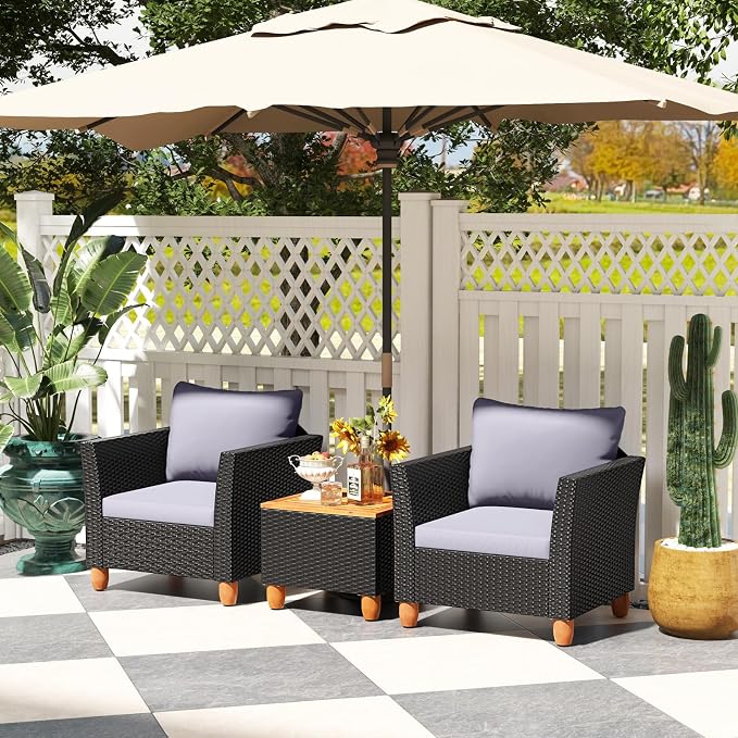 Tangkula 3 Pieces Patio Porch Furniture Set, PE Rattan Wicker Chair Conversation Set with Cushions and Storage Table, Outdoor Acacia Wood Bistro Set for Garden, Poolside (Grey)