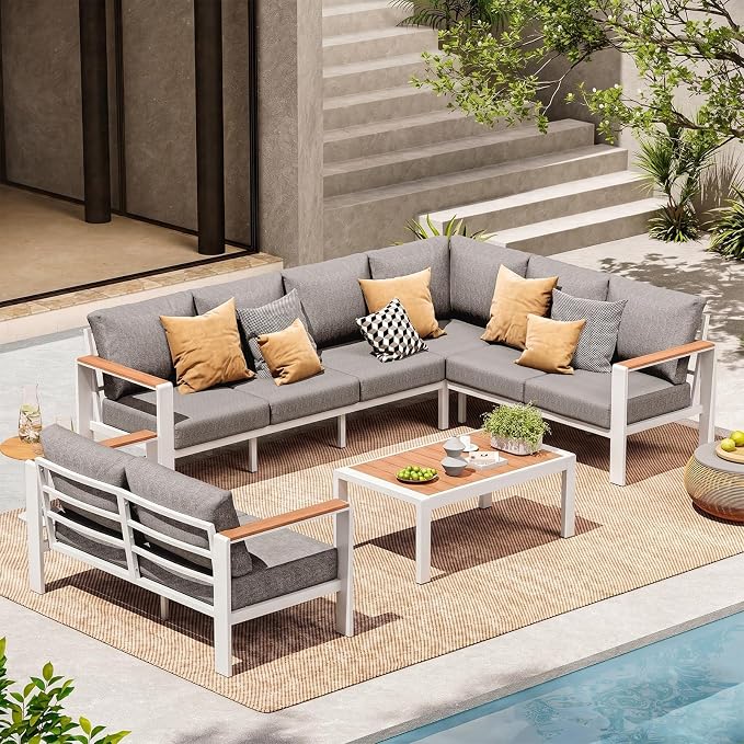 Aluminum Outdoor Patio Furniture Set 8 Seats, Outdoor Sectional Corner Sofa, Patio Conversation Set with Coffee Table & Washable Cushions, Furniture Set for Porch, Balcony, Deck, White