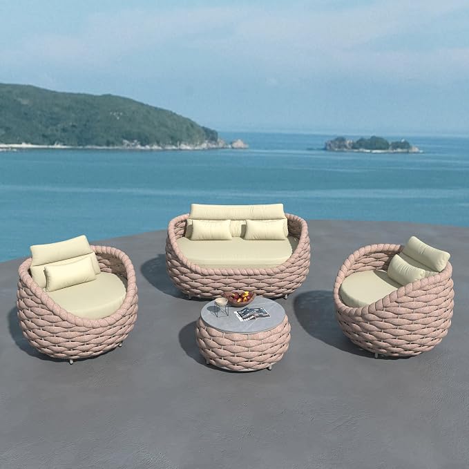 Outdoor 4 PCS Patio Conversation Set, All-Weather Wicker Patio Couch Sofa with Waterproof Thick Cushion Coffee Table for Porch, Balcony Mocha | All-Weather Wicker