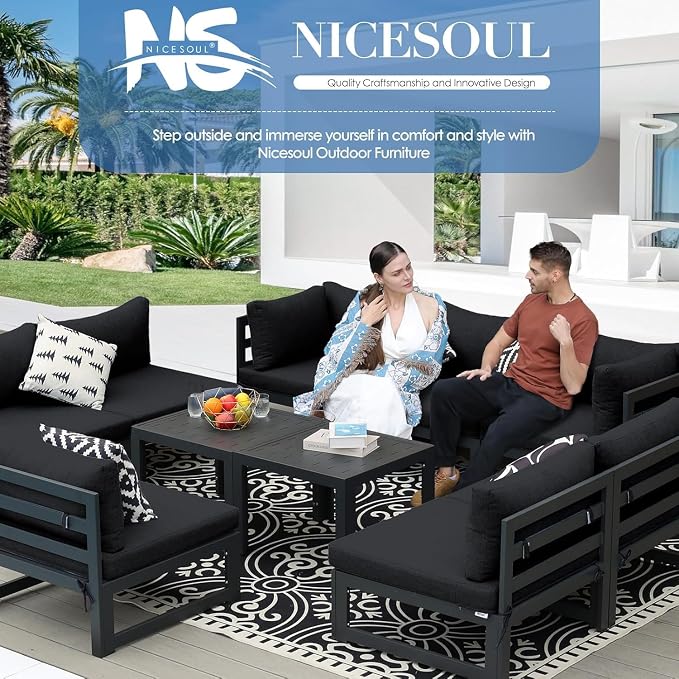 NICESOUL 12 Piece Extra Large Contemporary Aluminum Outdoor Furniture Set with End Table 29" Deep Wide Couch Set, 500 lbs High Weight Capacity Modular Patio Sectional Sofa for Poolside Deck, Black