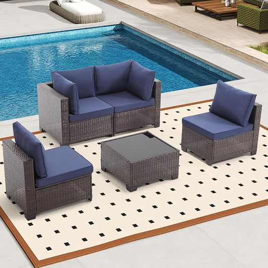 Bonzy Home 5 Pieces Outdoor Patio Furniture Set, PE Rattan Outdoor Sectional Furniture Sofa Set with Removable Cover and Glass Coffee Table, Patio Sofa for Balcony, Porch, Garden, (Brown-Navy Blue)
