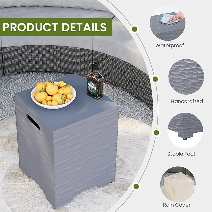 COSIEST Outdoor Propane Tank Cover Table with Wave Design, 16 inch Outside Hideaway Tank Table, Hides Standard 20lb Tank, Gray