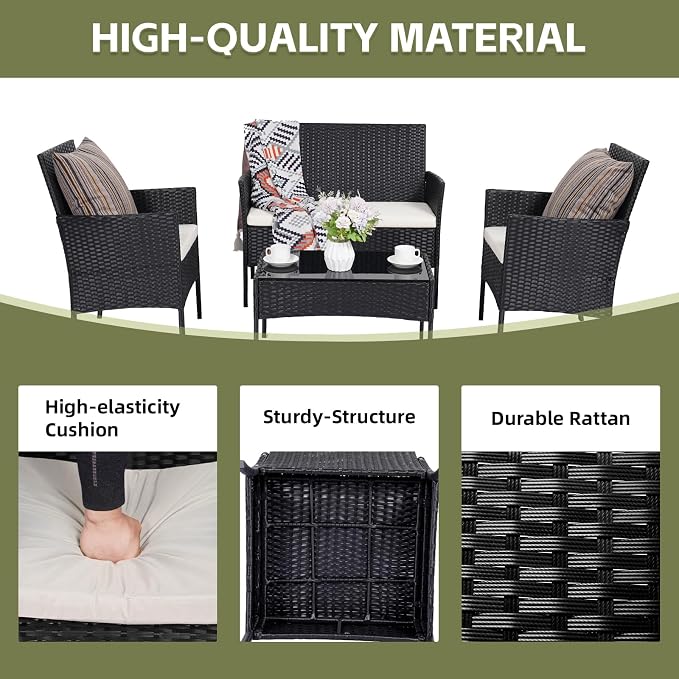 Patio Furniture Set 4 Pieces Conversation Sets Outdoor Wicker Rattan Chairs Garden Backyard Balcony Porch Poolside Loveseat with Soft Cushion and Tempered Glass Table(Black)