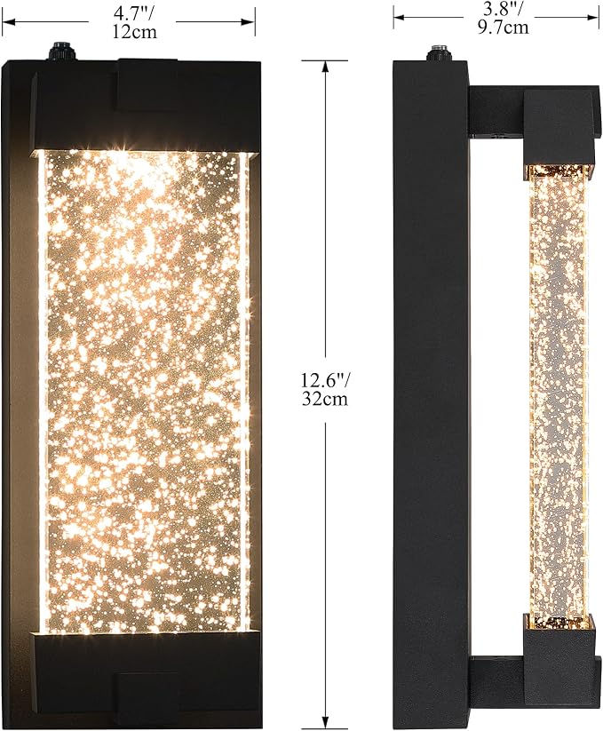 Black Wall Sconce with K9 Crystal Bubble and Dusk to Dawn Sensor, Exterior LED Wall Mounted Light, Modern Porch Lantern, Light Fixture for Indoor and Outdoor