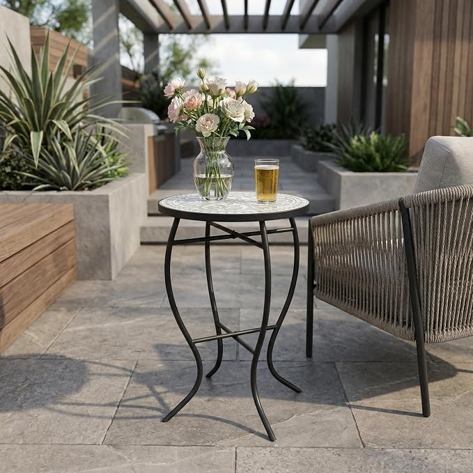 White Embossed Floral Mosaic Round Side Table, Vintage Patio End Table with Curved Black Wrought Iron Legs, Weather Resistant Small Accent Table for Balcony Backyard Porch Living Room