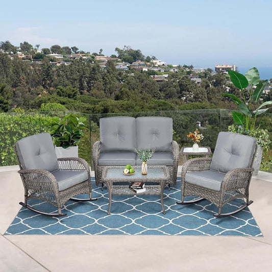 VIVIJASON 5-Piece Outdoor Patio Wicker Conversation Sets, All Weather Outdoor Rattan Furniture Set Includes Glider Loveseat, 2 Coffee Table, 2 Rocking Chairs with Cushions for Backyard, Grey