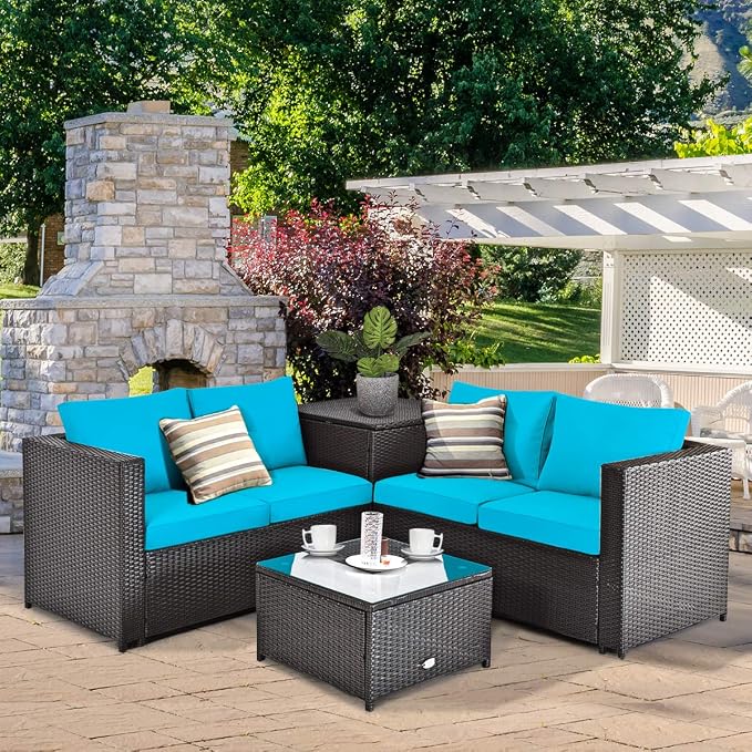 Tangkula 8 Piece Wicker Patio Set with Storage, All Weather-Proof Outdoor Conversation Set with Loveseat, Glass Top Coffee Table & Storage Box, Suitable for Garden, Poolside, Sunroom (2, Turquoise)