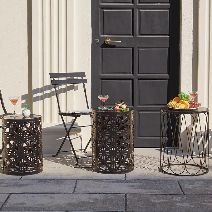 Y&M Set of 3 Metal Round Patio Side Tables, Multifunctional Coffee Table End Table for Indoor & Outdoor Garden Stool Modern Design - Black with Bronze