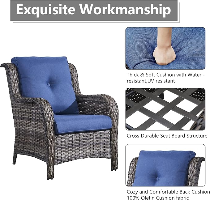 Rilyson Wicker Patio Furniture Set - 5 Piece Rattan Outdoor Sectional Conversation Sets with 2 Chairs,2 Ottomans and 1 Side Table for Porch Deck Garden(Mixed Grey/Blue)