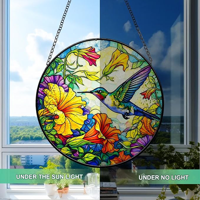 Stained Glass Window Hanging - Colorful Hummingbird Suncatcher for Windows Doors Home Decor, Hummingbird Flowers Sun Catcher Gift for Women Mom Nana Bird Lovers Christmas Mother's Day Birthday 7.8 in