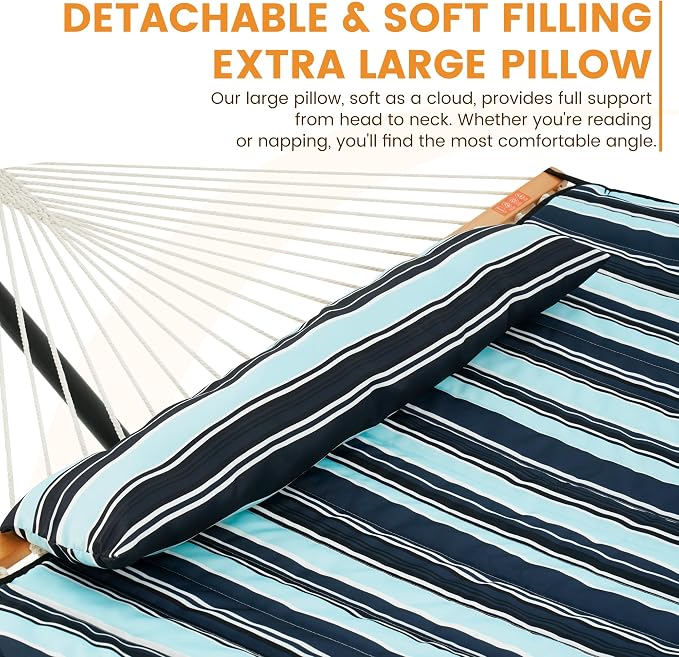 Lazy Daze Hammocks Rope Hammock with Pad, Spreader Bar, Carabiners, Tree Straps, Chains for Outside Patio- Max 450 Lbs, Dark Blue Stripes