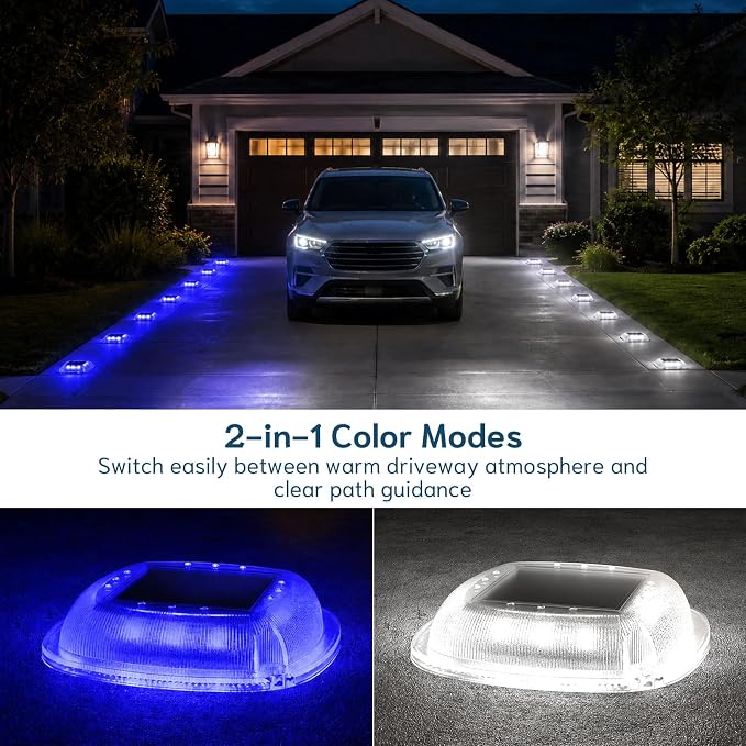Solar Deck Lights Outdoor, Waterproof Solar Driveway Lights | 6 Pack 2 Colors in 1 Solar Ground Lights Stake & Screw Installation for Lawn Driveway Sidewalk Pathway (White/Blue)