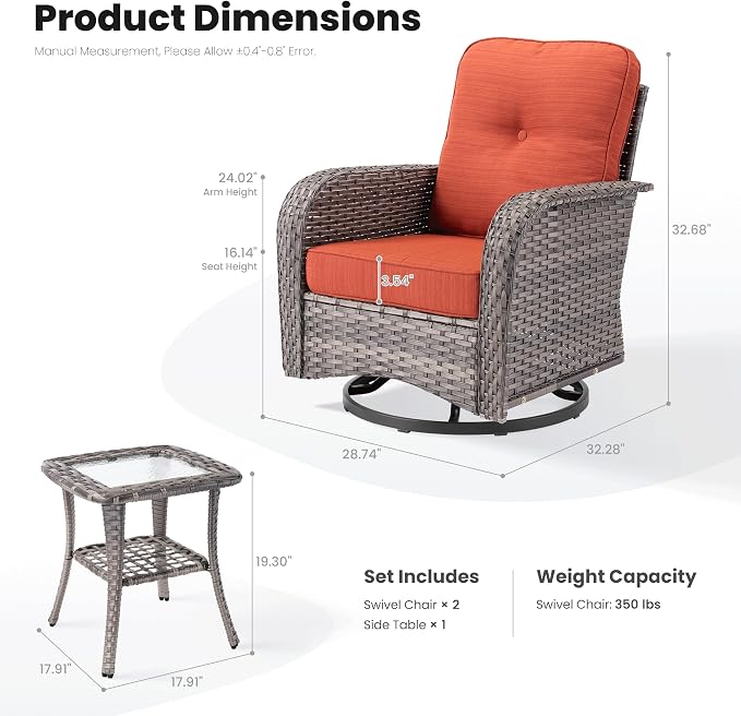 ovios 3-Piece Patio Furniture Set, Outdoor Wicker Sofa with Swivel Chairs, High Back Rattan Gliders Rocker with Comfy Cushions for Porch Yard Deck, Orange Red